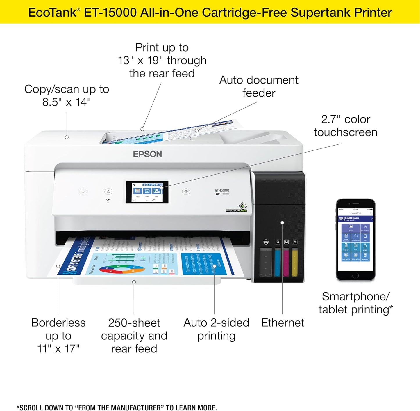 Epson EcoTank ET-15000 Wireless Color All-in-One Supertank Printer with Scanner, Copier