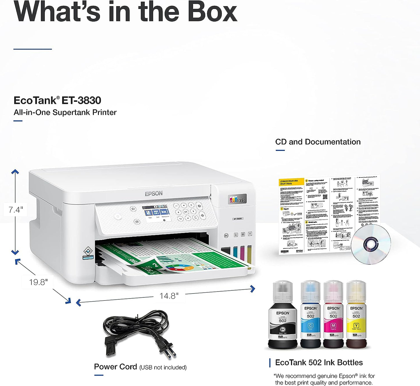 Epson EcoTank ET-3830 Wireless Color All-in-One Cartridge-Free Supertank Printer with Scan, Copy