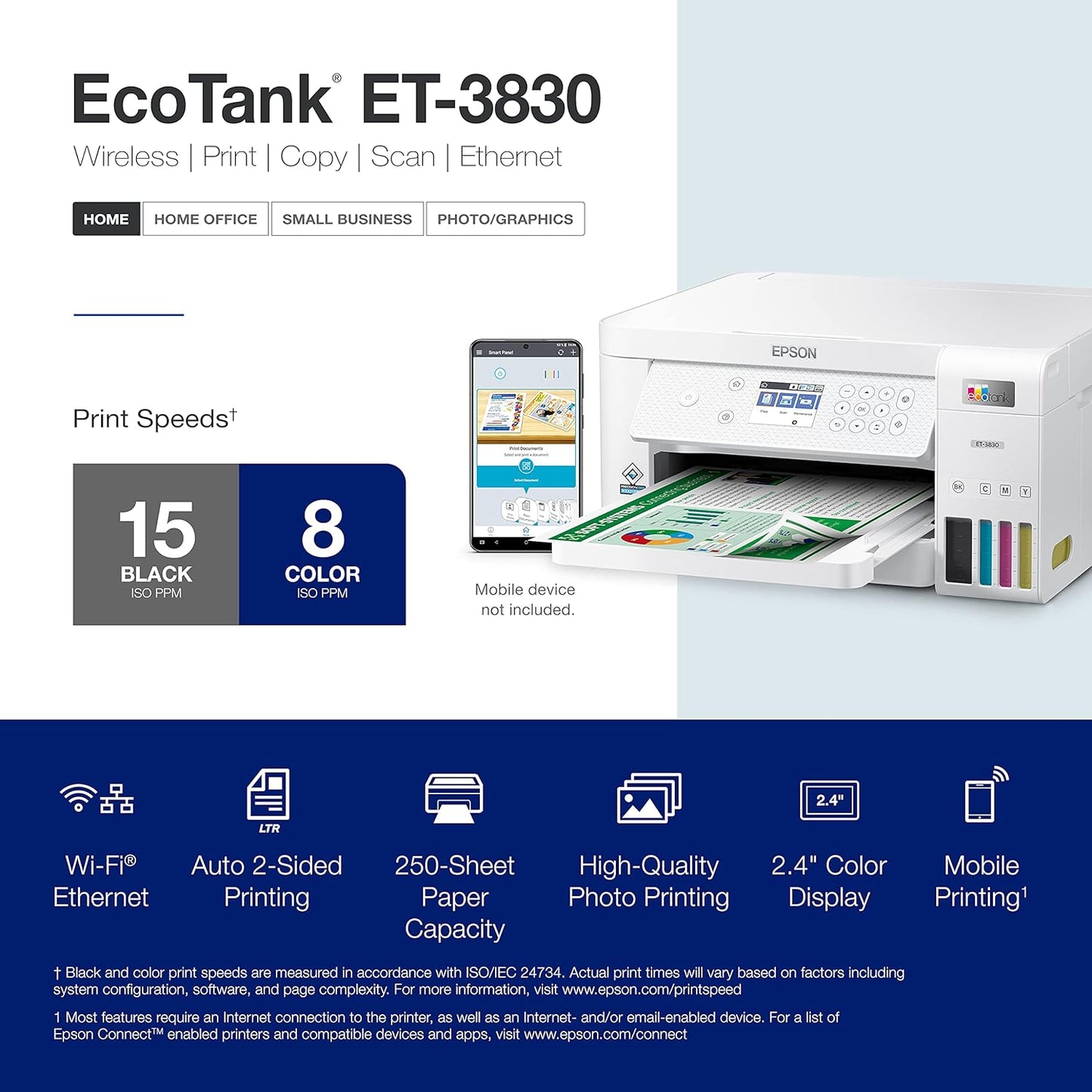 Epson EcoTank ET-3830 Wireless Color All-in-One Cartridge-Free Supertank Printer with Scan, Copy