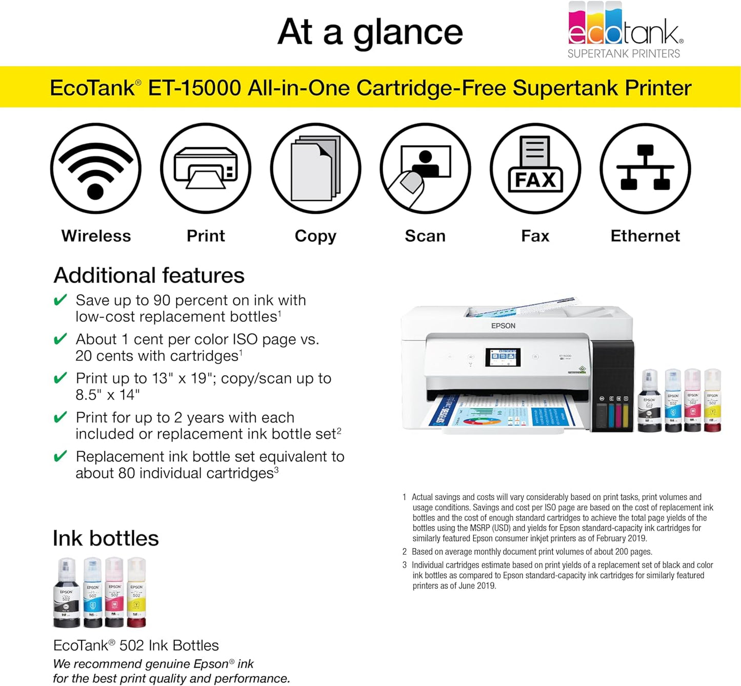 Epson EcoTank ET-15000 Wireless Color All-in-One Supertank Printer with Scanner, Copier