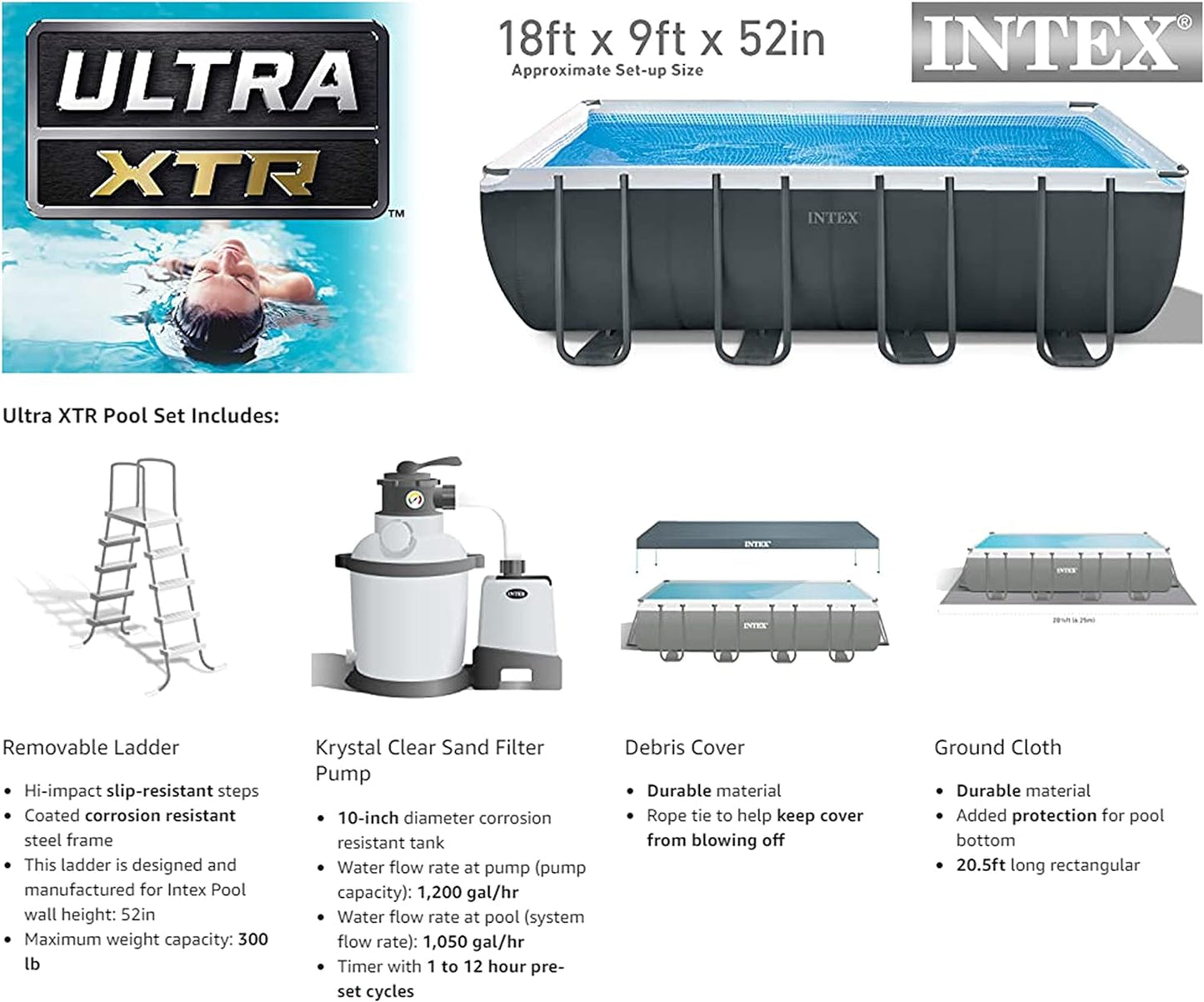 INTEX 26355EH Ultra XTR Deluxe Rectangular Above Ground Swimming Pool Set: 18ft x 9ft x 52in – Includes 1500 GPH