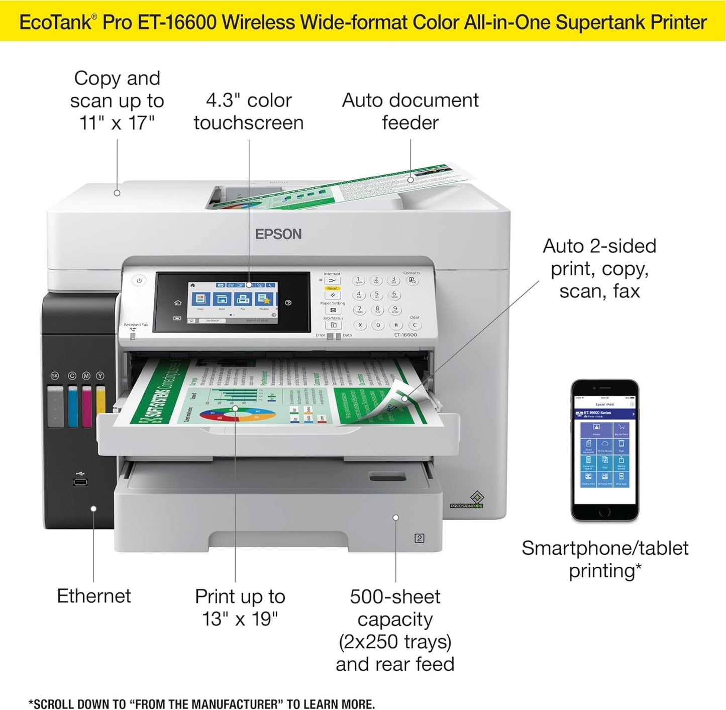Epson® EcoTank® Pro ET-16600 SuperTank® Wide-Format Color Inkjet All-In-One Printer, White