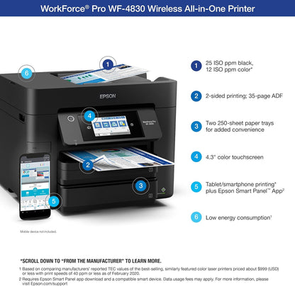 Epson Workforce Pro WF-4830 All-in-One Wireless Color Inkjet Printer, Black - Print Scan Copy Fax