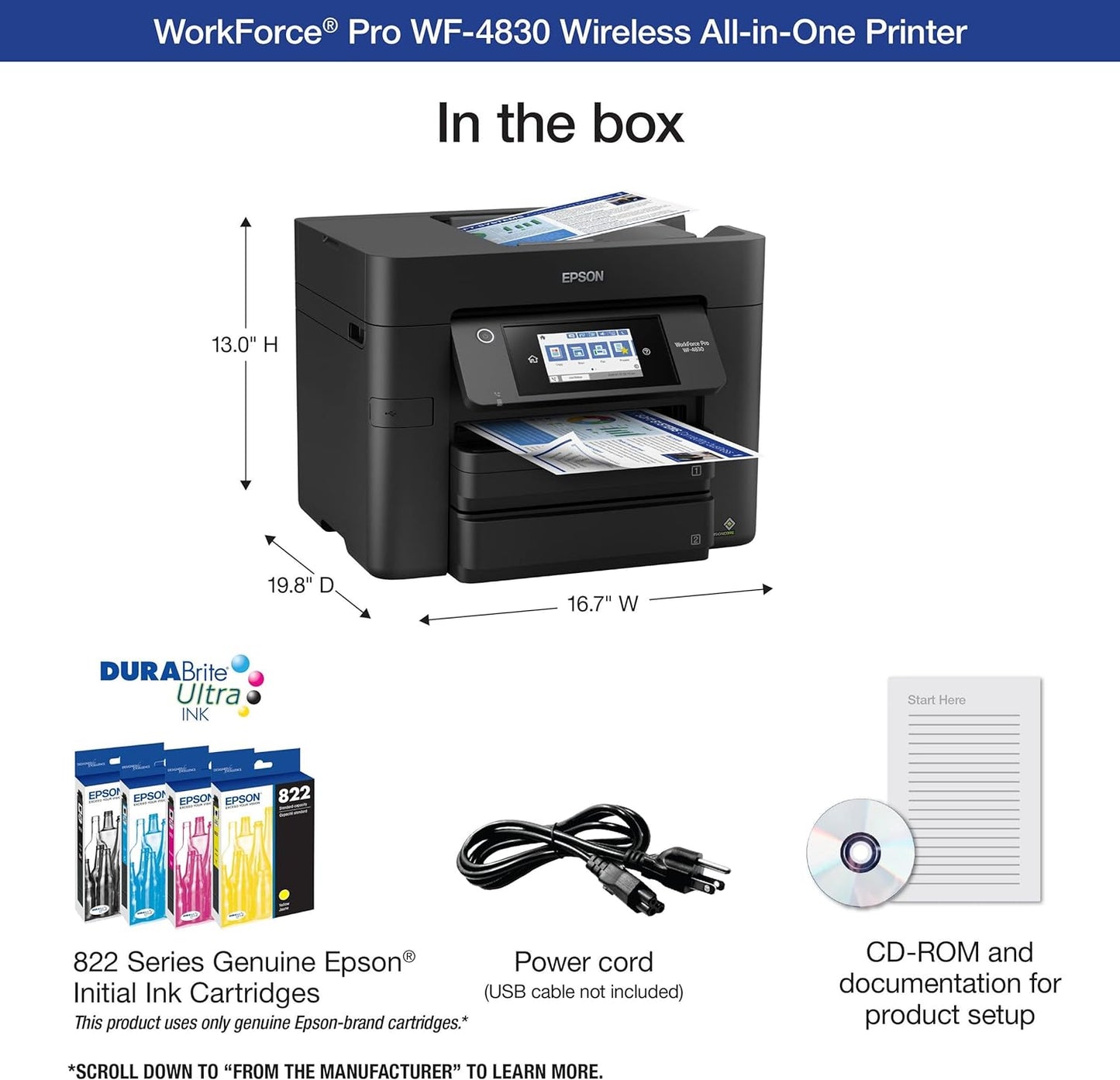 Epson Workforce Pro WF-4830 All-in-One Wireless Color Inkjet Printer, Black - Print Scan Copy Fax
