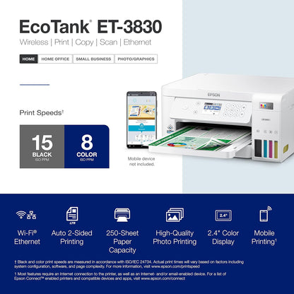 Epson EcoTank ET-3830 Wireless Color All-in-One Cartridge-Free Supertank Printer with Scan, Copy