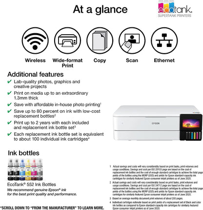 Epson EcoTank Photo ET-8550 Wireless Wide-Format All-in-One Supertank Printer with Scanner, Copier