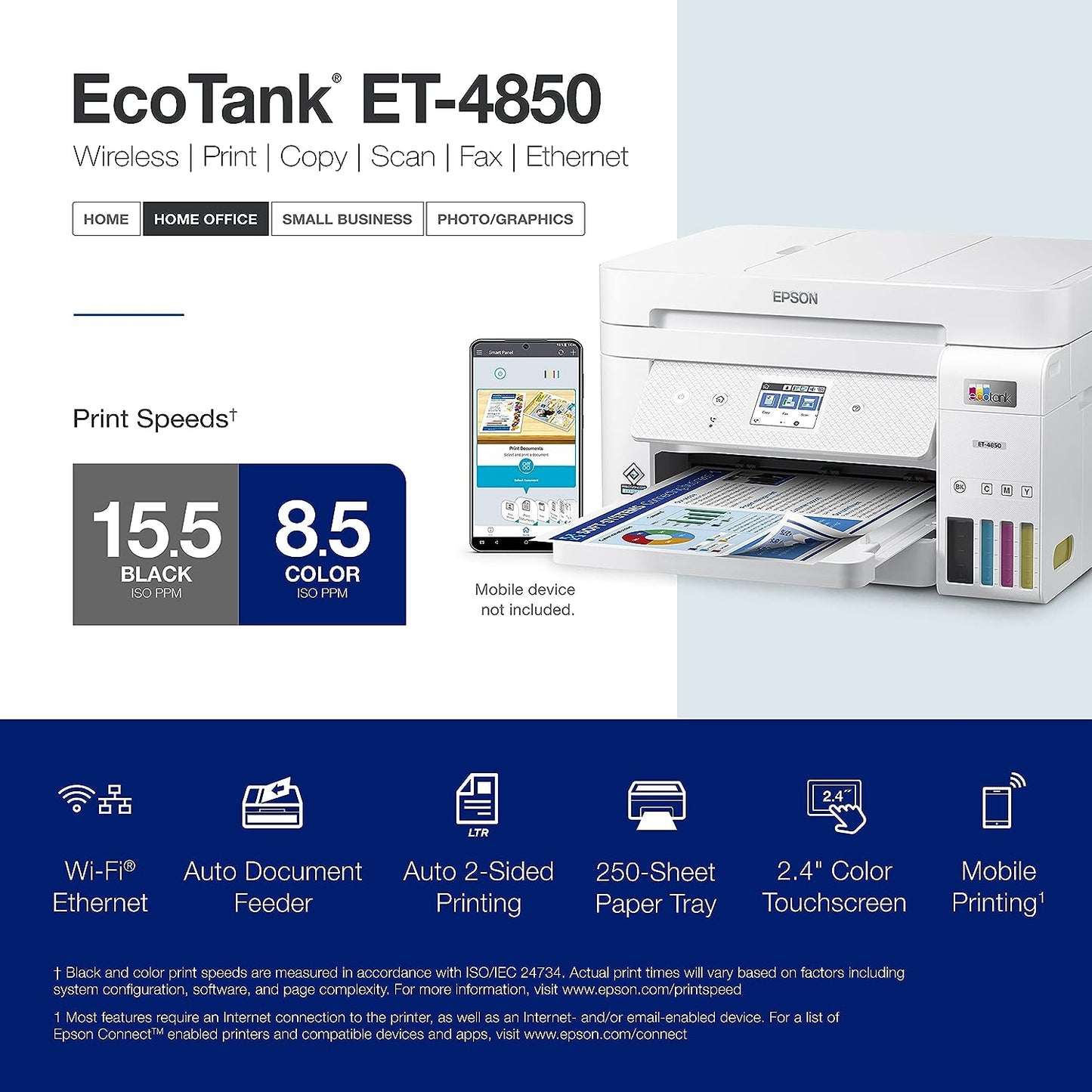Epson EcoTank ET-4850 Wireless All-in-One Cartridge-Free Supertank Printer with Scanner, Copier, Fax