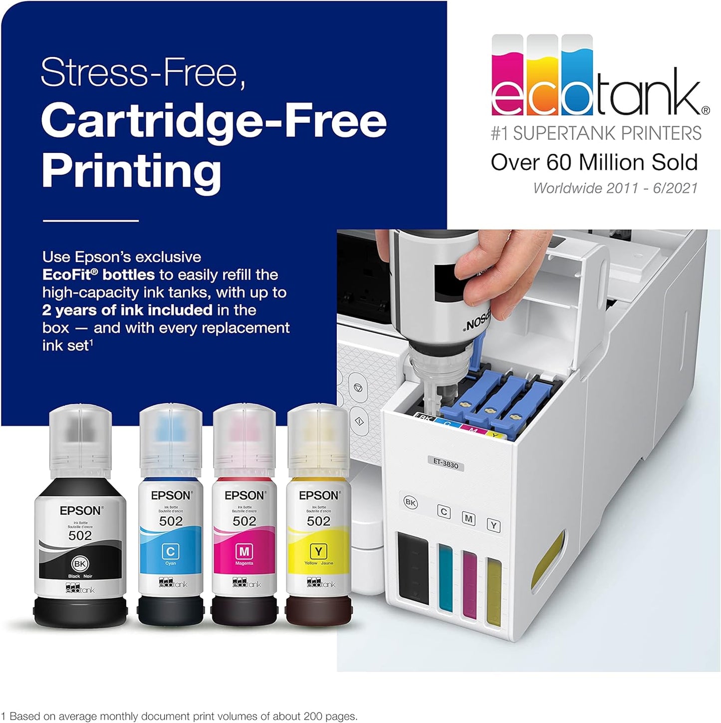 Epson EcoTank ET-3830 Wireless Color All-in-One Cartridge-Free Supertank Printer with Scan, Copy