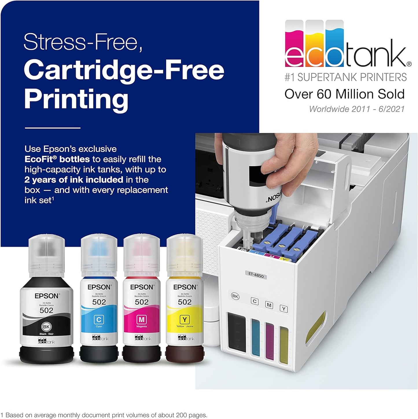 Epson EcoTank ET-4850 Wireless All-in-One Cartridge-Free Supertank Printer with Scanner, Copier, Fax