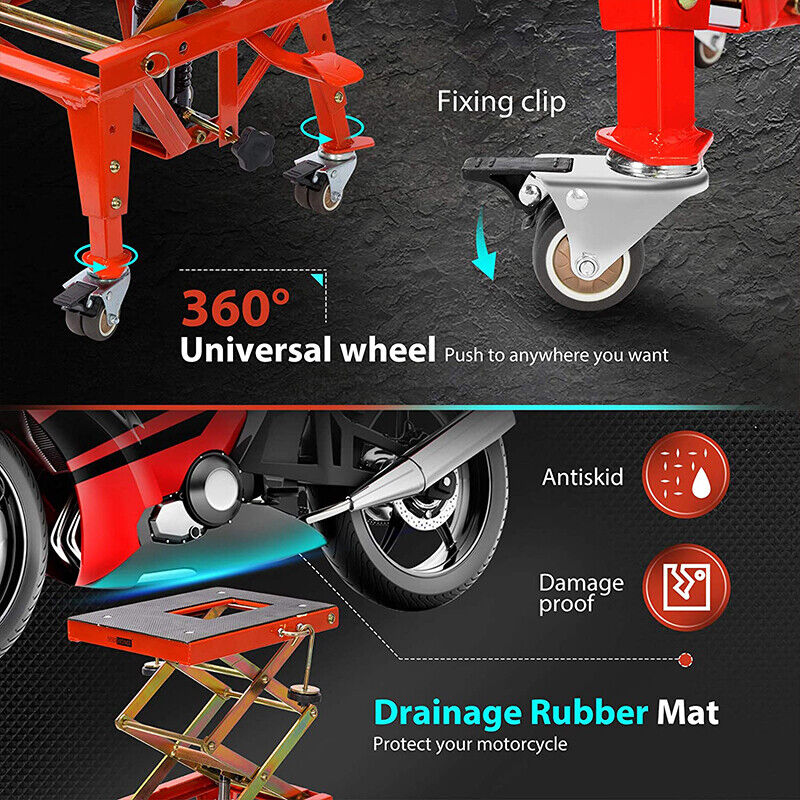 350lbs Hydraulic Motorcycle Lift Table ATV Dirt Bike Scissor Jack Stand 4 Wheels
