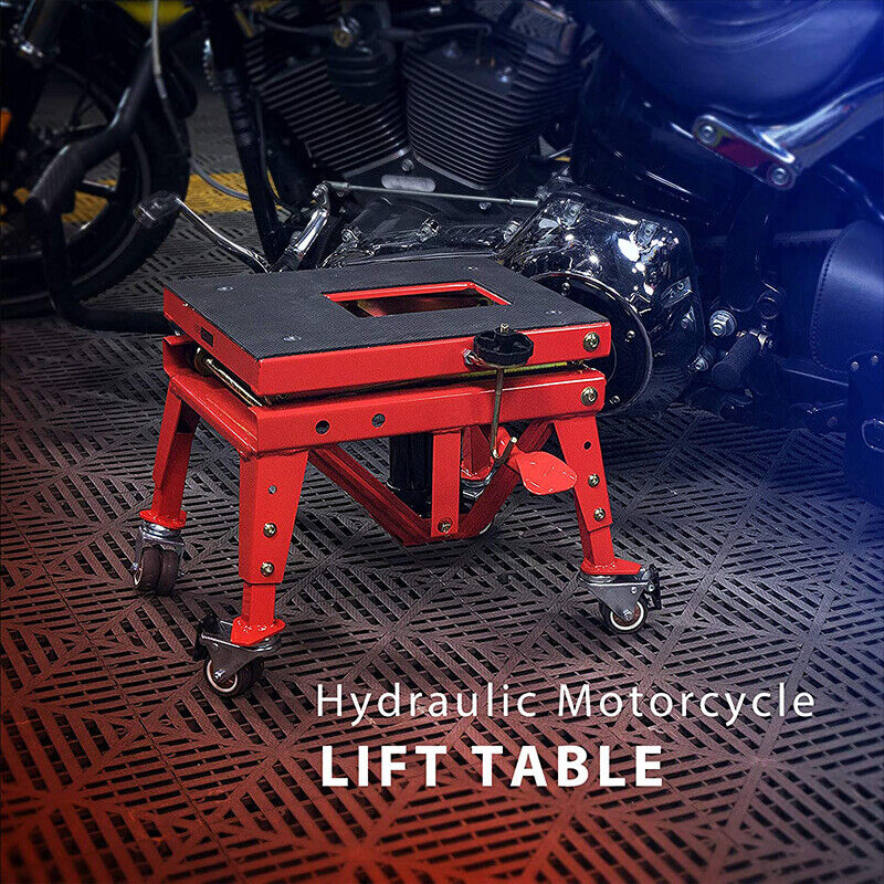 350lbs Hydraulic Motorcycle Lift Table ATV Dirt Bike Scissor Jack Stand 4 Wheels